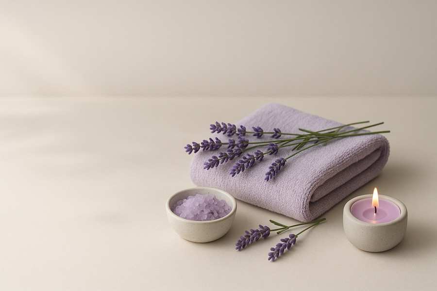 Lavendel, gefaltetes Handtuch, Badesalz und Kerze