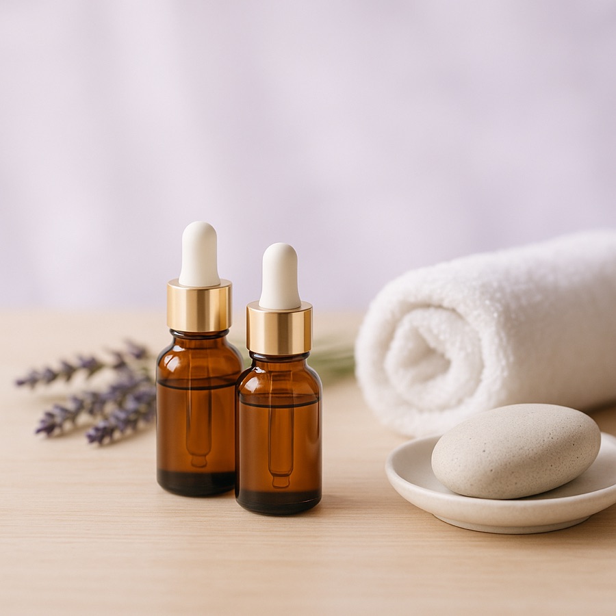 Pflegeöle, Handtuch, Bimsstein und Lavendel